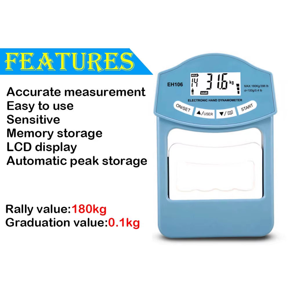396Lbs/180 Kgs Digital Hand Dynamometer Grip Strength Measurement Meter Auto Capturing Electronic Hand Grip Power